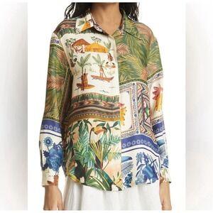 Farm Rio Tropical Mixed Scarves Button Up Shirt Womens M Resortwear Vacation